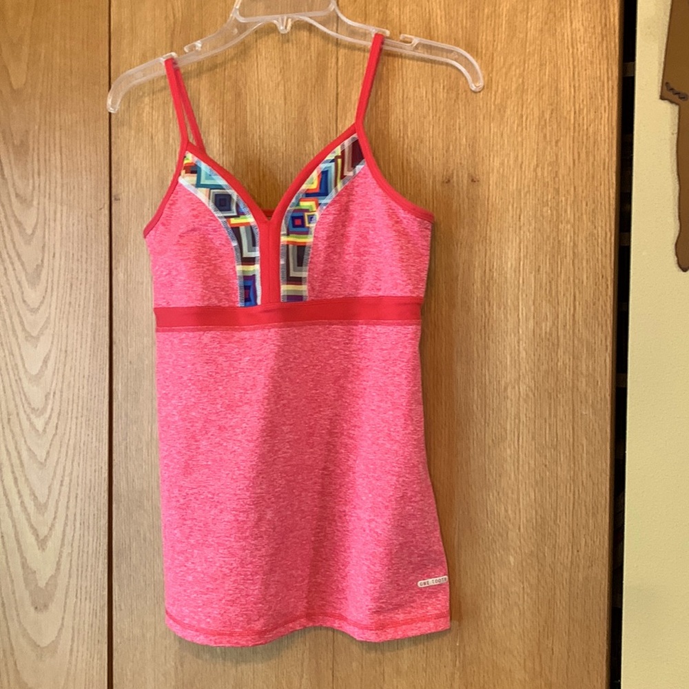 One Tooth Yoga USA MADE coral marled geometric sport workout bra tank top EUC
